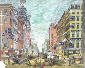 An 1880s postcard of Broadway and Cortland Street in Lower Manhattan via: https://ephemeralnewyork.wordpress.com/2009/12/12/when-the-city-was-criss-crossed-by-wires/